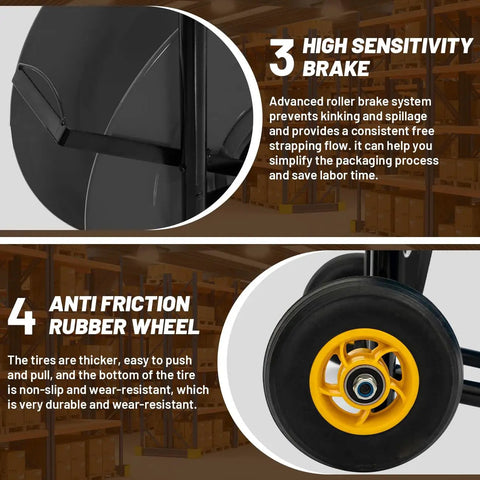 Close-up of Heavy Duty Strapping Cart Dispenser With Wheels Portable Packaging Trolley features, showing brake and rubber wheel details.