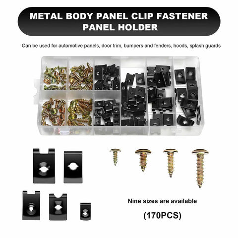 Shop Grade 170 Piece Auto Trim U Clip And Screw Kit With Nine Size Galvanized U Nuts for fasteners in clear organizer box.