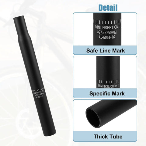 Beefy 27.2mm By 250mm Aluminum Seat Post With Calibrated Scale Mark Black For MTB Mountain Bikes Universal Fit Lightweight Rust Resistant Alloy For Easy Height Adjustments; details of safe line mark, specific mark, and thick tube visible.