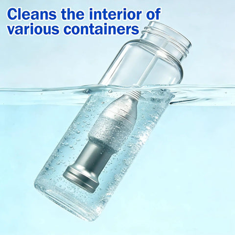 Portable Ultrasonic Cleaning Wand Featuring 60khz Sonic Cavitation Technology For Jewelry Glasses Watches And Dentures Fits Any Sink Or Bucket To Work Like A Champ And Knock Out Stubborn Grime Fast submerged in water cleaning a glass container.