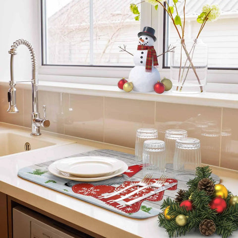 Cozy Christmas Dish Drying Mat For Kitchen Counter With Gnome And Snowflake Wood Grain Design Ultra Absorbent Microfiber