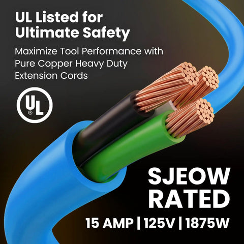 Tough As Nails Heavy Duty 100 Ft Outdoor Extension Cord 12/3 Gauge SJEOW 12 AWG 3 Prong Power Cable With Lighted End Waterproof For Tools Lawn Garden Blue