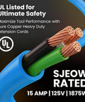 Cross-section of blue 100 Ft Outdoor Extension Cord Heavy Duty 3 Prong Power Cable With 10/3 Gauge SJEOW Triple Outlet Lighted End 15A 125V 1875W