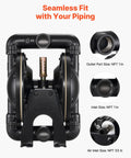 Front view of VEVOR air-operated double-diaphragm pump with 1 in NPT inlet/outlet and aluminum body