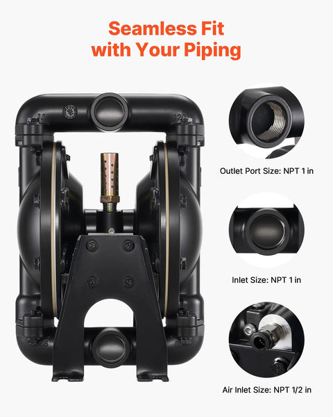 Front view of VEVOR air-operated double-diaphragm pump with 1 in NPT inlet/outlet and aluminum body