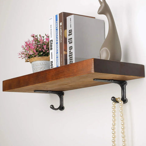 Wood shelf with heavy duty 6 inch metal shelf brackets with hooks for open shelves vintage farmhouse style four pack