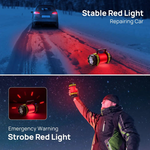 Two Pack LED Camping Lantern And Flashlight Rechargeable with USB C Port used in emergency with red strobe light outdoors.
