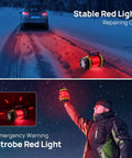Rechargeable LED Camping Lantern with USB C Power Bank showing red light in snow and used for emergency signal at night
