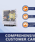 Tough As Nails Rock Solid Ultra Slim Fanless AC To DC Converter 24V 2.2A 52.8W Switching Power Supply shown with service icons.