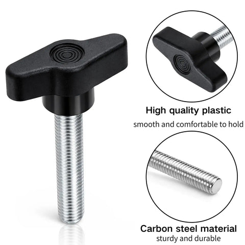 Solid 60 Piece Thumb Screws Assortment With Ergonomic Wing Knobs No Sweat Hand Tighten Clamping Bolts, showing a black plastic wing knob.