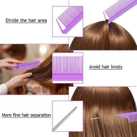 Hair Loop Tool Set With Pink Rat Tail Comb For French Braid Styling, Daily Braiding Kit For Mornings, School, Work Or Dance Practice, Replaces Fingers For Quick Slick Everyday Looks, purple comb dividing hair