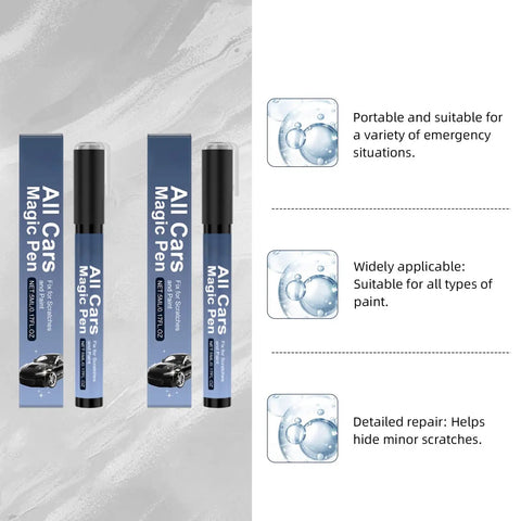 Smooth Roll Ready In Minutes With This Magic Car Scratch Remover Pen Two Pack on a gray background showing portable pens.