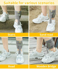 Drop Foot Ankle Brace Orthosis With Cushioned Comfort used on various surfaces like stairs, sand road, pavement, and wooden bridge