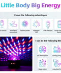 Sound Activated Mini Disco Ball Lights For Cars And Rooms RGB Multicolor DJ Party Lights That Sync To Your Music Beat At 60dB next to colorful icons describing features like voice control, USB charging, and flashing mode.
