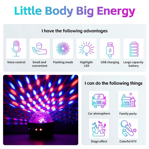 Wireless Sound Activated Mini Disco Ball Light For Car With Magnetic Base Portable RGB Strobe Lights For Car Interior Bedroom Camping And Kids Gift USB Powered