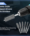 Close-up of drill with Heavy Duty 18 Pack Drill Wire Brush Set With One Quarter Inch Hex Shank Stainless Steel for rust removal