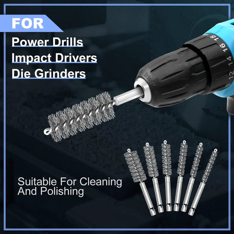 Close-up of drill with Heavy Duty 18 Pack Drill Wire Brush Set With One Quarter Inch Hex Shank Stainless Steel for rust removal
