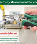 Premium Quality 8 In 1 Electrician Wire Stripper With Digital Voltage Tester showing electricity measurement function and wire contact.