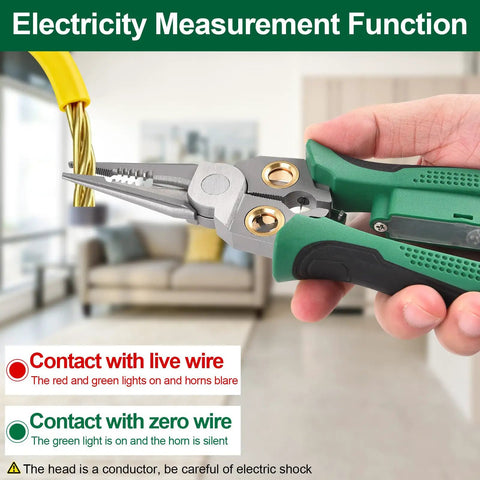 Premium Quality 8 In 1 Electrician Wire Stripper With Digital Voltage Tester showing electricity measurement function and wire contact.