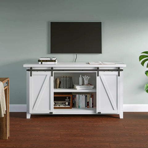 5Ft Mini Double Door Barn Door Hardware Kit For TV Stands And Cabinets Durable Black Steel Track facing white cabinet