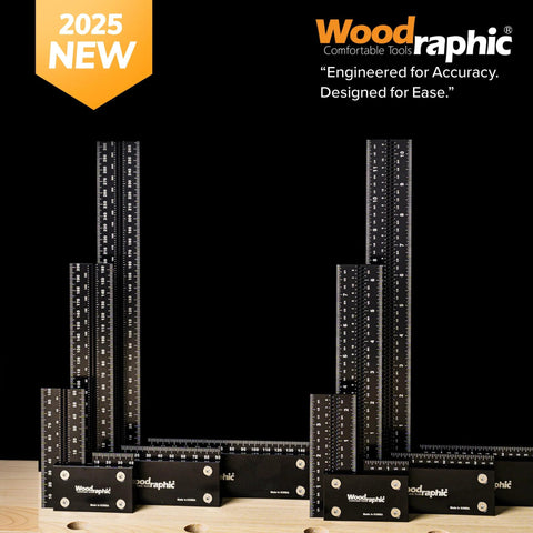 Woodraphic 8-inch aluminum woodworking square and 90-degree rulers set on a wooden bench.