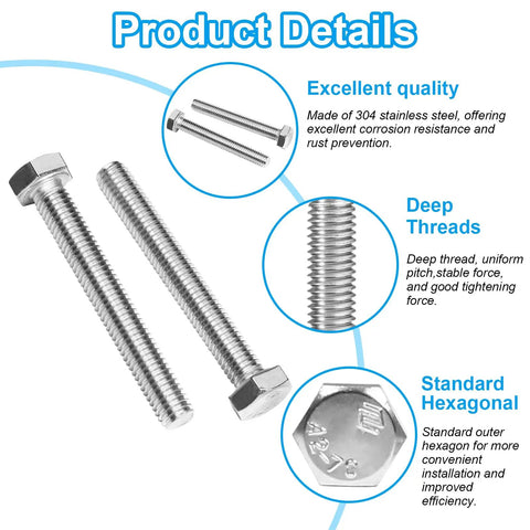 25 Pack M8 Hex Bolts M8x25mm 304 Stainless Steel Heavy Duty Fasteners detailed view highlighting deep threads and hexagonal design.