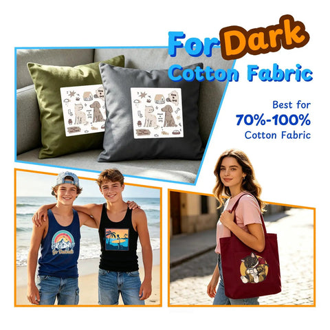 Dark Tees Heat Transfer Paper Pack with pillows, tank tops, and tote showcasing vivid designs on dark fabric for cotton material.