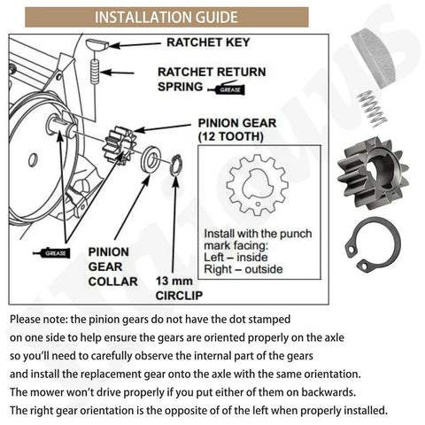 Installation guide for 12 Teeth Drive Gear Kit For Lawn Mower Replacement With Keys, Springs, And Clips, showing assembly steps.
