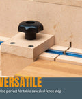 Top Notch T Track Knob Kit with Seven Star Knobs one quarter twenty threaded bolts and washers installed on a woodworking jig