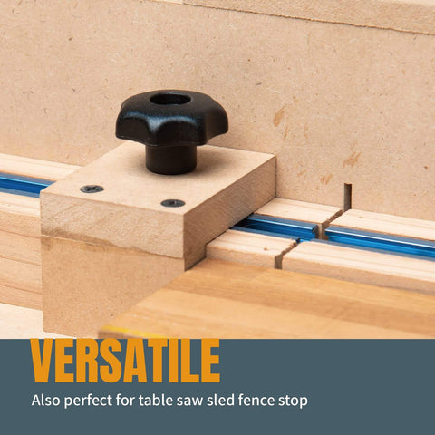Top Notch T Track Knob Kit with Seven Star Knobs one quarter twenty threaded bolts and washers installed on a woodworking jig