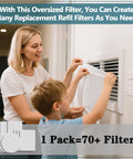 Mother and child installing high efficiency filter material for custom cut air filters that capture dust and pet dander down to 0.3 microns