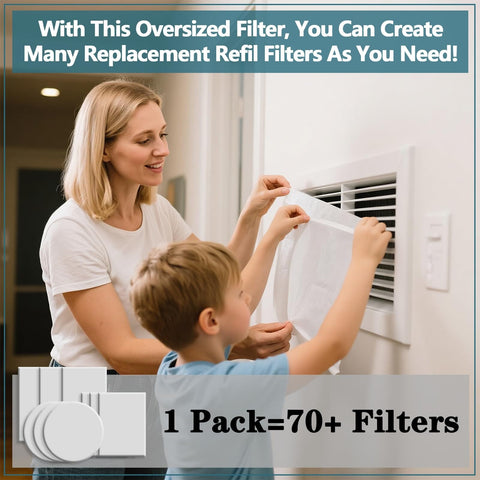Mother and child installing high efficiency filter material for custom cut air filters that capture dust and pet dander down to 0.3 microns