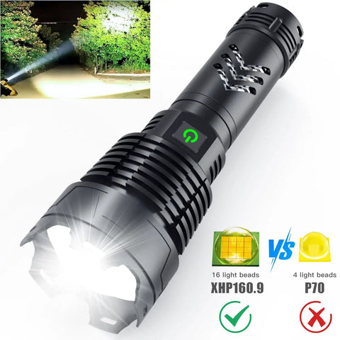 Rechargeable 1.5 Million Lumen Tactical Flashlight With Zoomable Beam, 5 Modes, waterproof design, black aluminum, power indicator