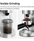 Premium Electric Coffee Grinder With Stainless Steel Conical Burrs And Forty Eight Adjustable Settings For Espresso To French Press Smooth Daily Grinding That Makes Your Morning Routine Hit Different For Home Baristas showing dosing cup and portafilter holder.