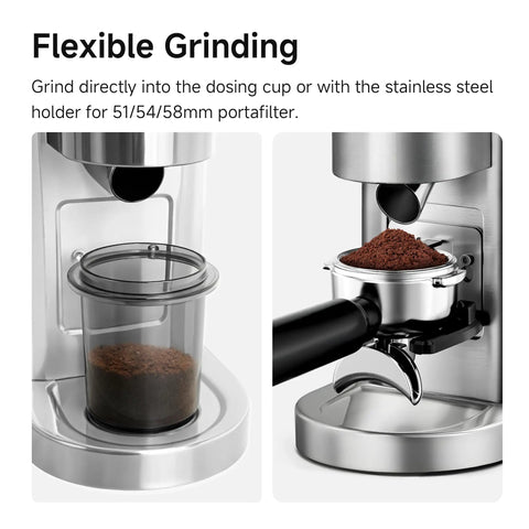 Premium Electric Coffee Grinder With Stainless Steel Conical Burrs And Forty Eight Adjustable Settings For Espresso To French Press Smooth Daily Grinding That Makes Your Morning Routine Hit Different For Home Baristas showing dosing cup and portafilter holder.