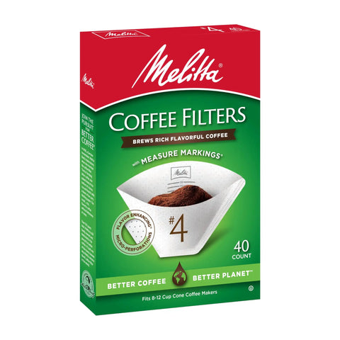 Packaging of Cone Coffee Filters For 8 To 12 Cup Drip Makers, White, 40 Count, Flat-Bottom Basket Style with microfine perforations.