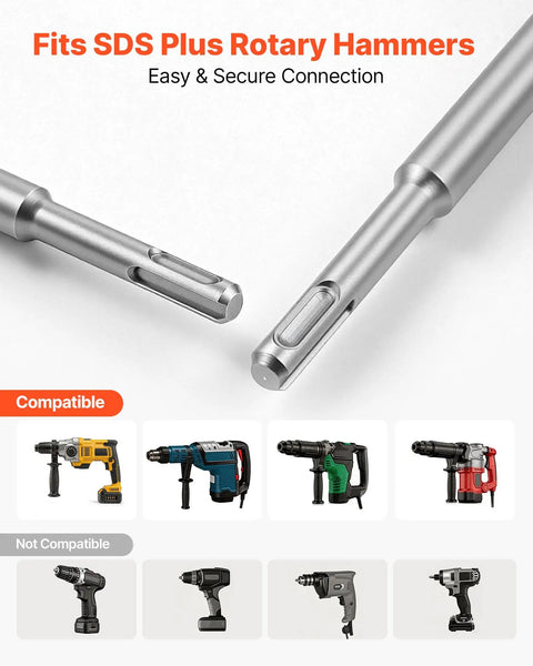 6-Piece SDS Plus Chisel Set For Rotary Hammer Drill with compatible hammer types shown