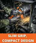 User operating Tough As Nails 5 Inch Cordless Angle Grinder Featuring Brushless Power Motor and 8 Ah Lithium Battery, creating sparks on metal.
