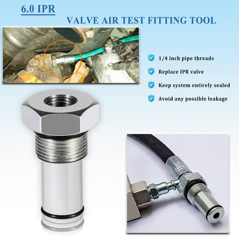 6.0L IPR Valve Socket Kit And Oil Rail Adapters Set For Ford 6.0L Powerstroke Diesel Engine High Pressure Oil Pump IPR Valve Air Test Fittings With Seal Kit 8 Pack showing valve air test fitting tool with 1/4 inch pipe threads and connection detail