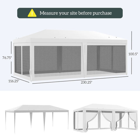 10x20 Outdoor Party Tent With Removable Sidewalls, White Wedding Canopy And Gazebo For Events, shown with dimensions