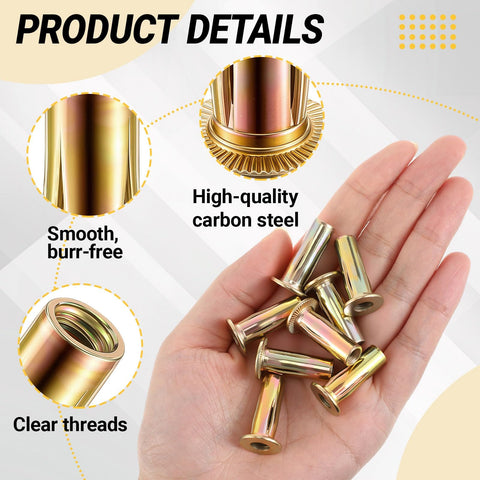 Hand holding zinc plated rivet nuts, detailed views showing smooth surface and clear threads; part of 100 Pcs 1/4-20 Rivet Nuts Multi Grip Threaded Insert Nut Kit Zinc Plated Steel Flat Head Nutserts For Sheet Metal Automotive And DIY Repair Projects Heavy Duty Pro Grade Fit For Auto Body And Home Projects.