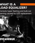 Load equalizer banner by SYLVANIA for LED turn signals; 27W at 12.8V, pack of 2; workshop scene with technician; SYLVANIA logo