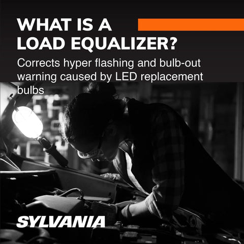 Load equalizer banner by SYLVANIA for LED turn signals; 27W at 12.8V, pack of 2; workshop scene with technician; SYLVANIA logo