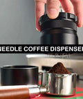Premium Needle Coffee Tamper And Espresso Grounds Distributor Stirrer Tool with stainless steel base and coffee grounds ready for use.