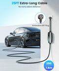 Legit Tesla Level One And Two Ev Charger Featuring Nacs Connector And ETL Certified with 25FT cable plugged into a wall.
