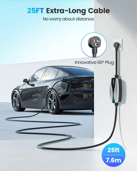 Legit Tesla Level One And Two Ev Charger Featuring Nacs Connector And ETL Certified with 25FT cable plugged into a wall.