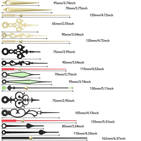 DIY Wall Clock Kit With Quartz Movements And Battery Operated Clock Motors, six styles of clock hands in gold and black