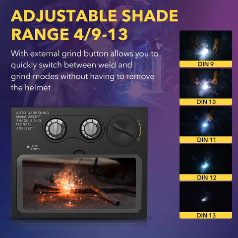 Image showing HD Auto Darkening Welding Lens With True Color View, Solar Powered, adjustable shade range controls 4/9-13