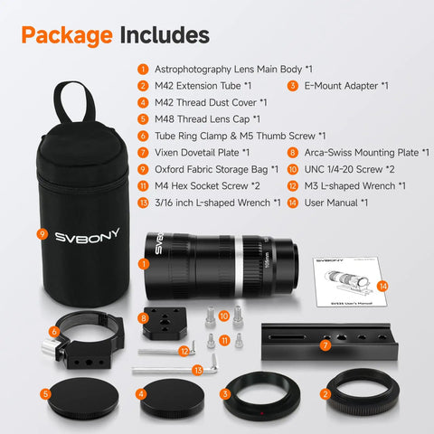 APO Telephoto Astro Lens 105mm F2.8 For Full Frame And Sony E Mount, Lightweight 482g with accessories package contents