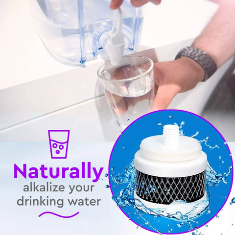 Super Fresh Alkaline Replacement Filter That Handles One Hundred Twenty Gallons Creating Awesome Tasting Water With Ph Up To Nine Naturally While Protecting Helpful Trace Minerals Made In The Usa For Your Dispenser. Image of a filter being used in a water dispenser for alkalizing.